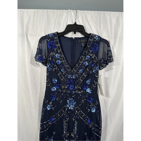 NWT $372 Aidan Mattox [ 0‎ ] Embellished V-Neck Cocktail Dress in Twilight BLUE - Picture 5 of 13